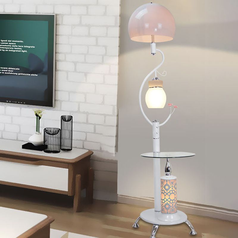 Black/White Dome Shade Task Floor Lamp Countryside Style Beveled Crystal 2-Bulb Standing Light