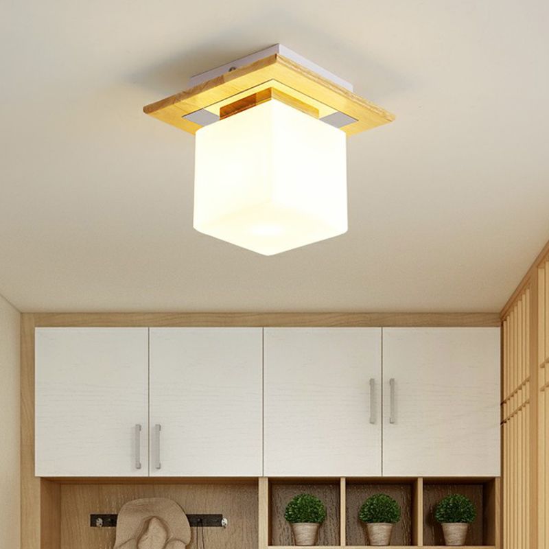 Small Aisle Ceiling Flush Light White Glass 1 Head Nordic Semi Mount Lighting in Wood