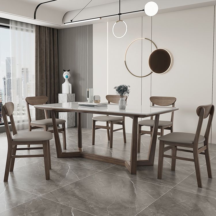 Rectangle Mid-Century Modern Dining Table White Tone Fixed Table with Sintered Stone