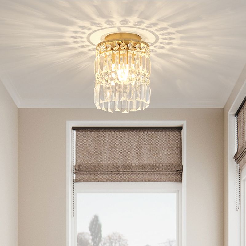 Modern Style Cylindrical Ceiling Mounted Light Crystal Aisle Close to Ceiling Lamp in Gold