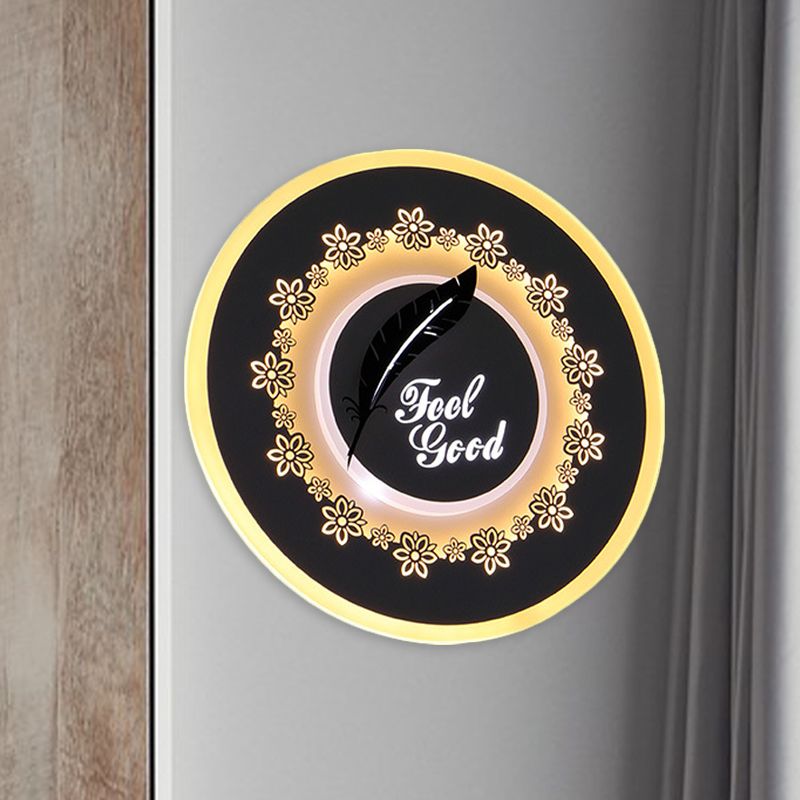 Rounded Corridor Wall Mount Light Fixture Acrylic LED Simple Wall Mural Lamp in Black with Feather/Blossom Pattern