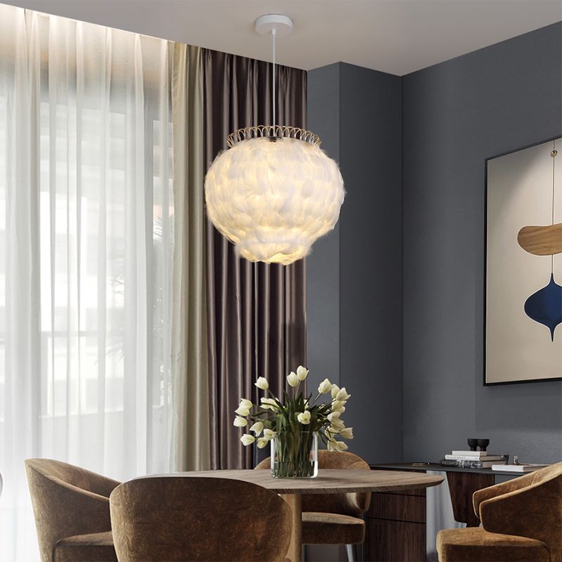 Globe Hanging Ceiling Lantern Minimalist Feather 3-Bulb White Pendant Light for Bedroom