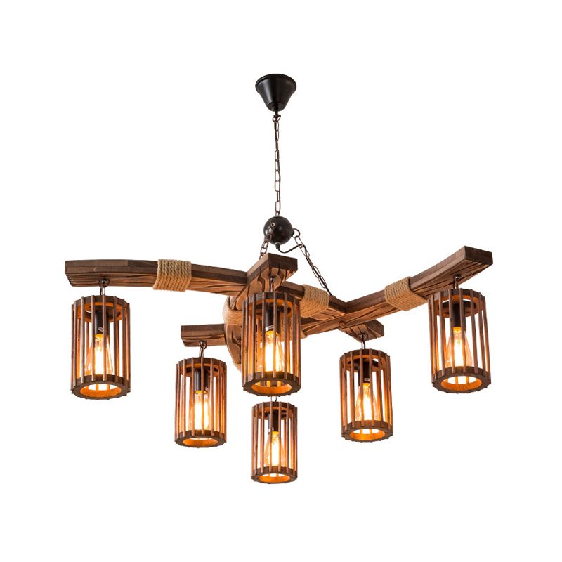 Wood Caged Hanging Chandelier Lodge 6-Bulb Dining Room Ceiling Pendant Light with Rope Detail in Black/Brown