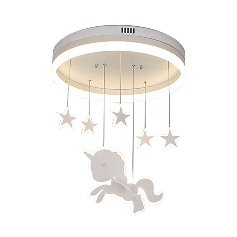 Circular Acrylic Ceiling Mount Lamp Cartoon White LED Flush Mount Lighting Fixture with Star and Unicorn Drape