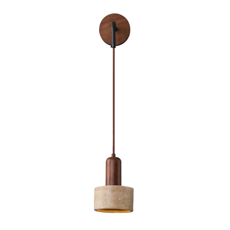 Stone and Wood Wall Lighting Cylinder Modern Wall Sconce in Brown