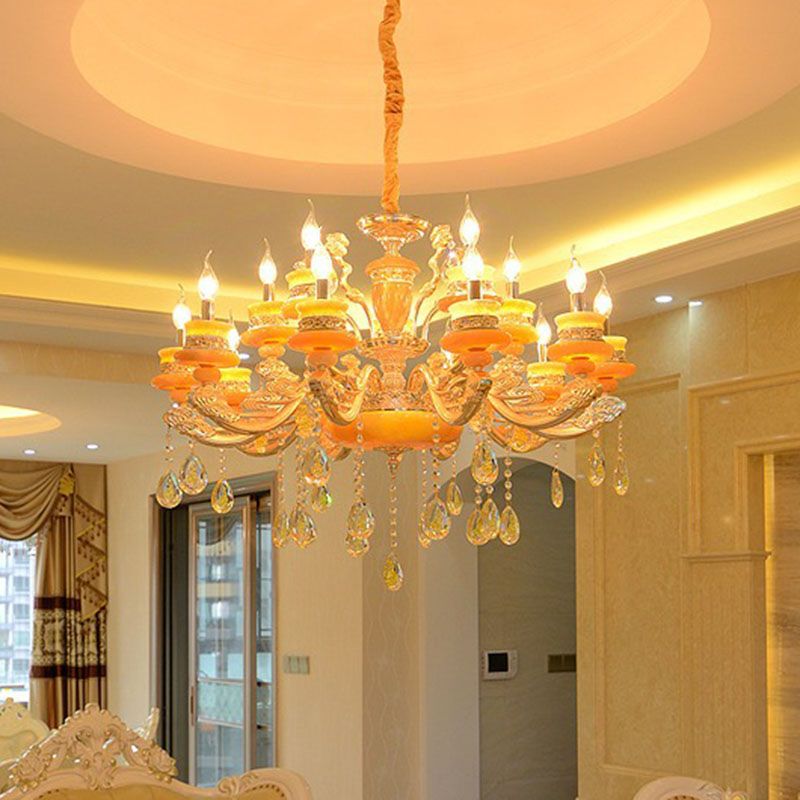 Candelabra Living Room Pendant Chandelier Country Jade Gold Hanging Lighting with Crystal Droplet