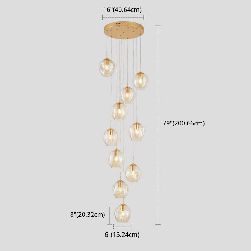 Dimpled Cup Shaped Cluster Pendant Minimalist Cognac Glass 10-Head Stairs Ceiling Light in Brass