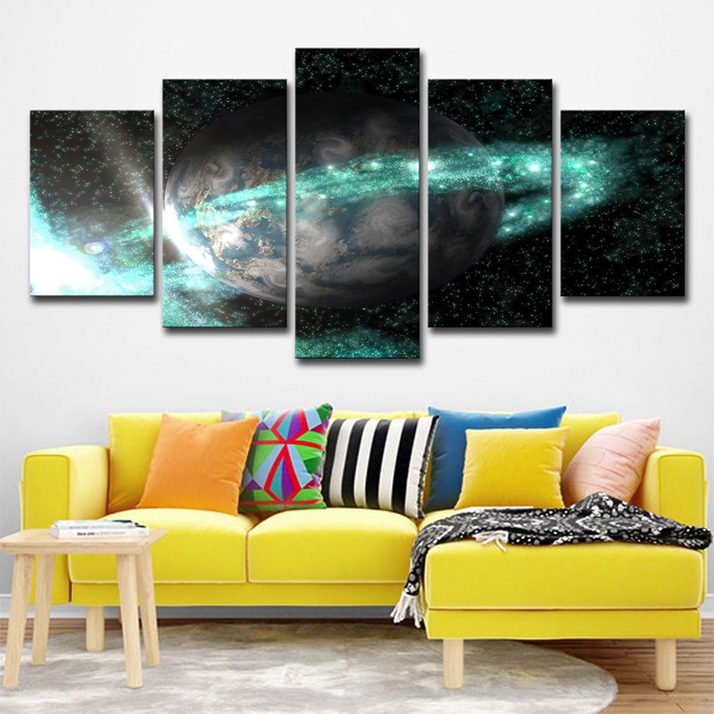Galaxy Ringed Earth Wall Art Kids Style Canvas Wall Decor in Green and Black