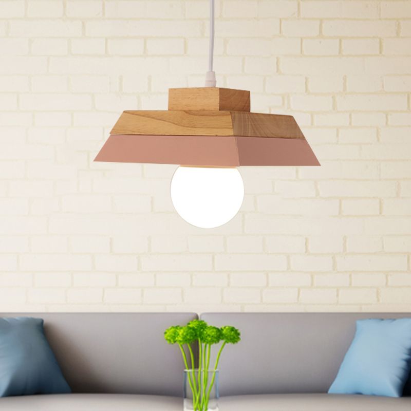 1-Bulb Living Room Suspension Light Modernism Yellow/Pink and Wood Hanging Lamp Kit with Geometric Metal Shade