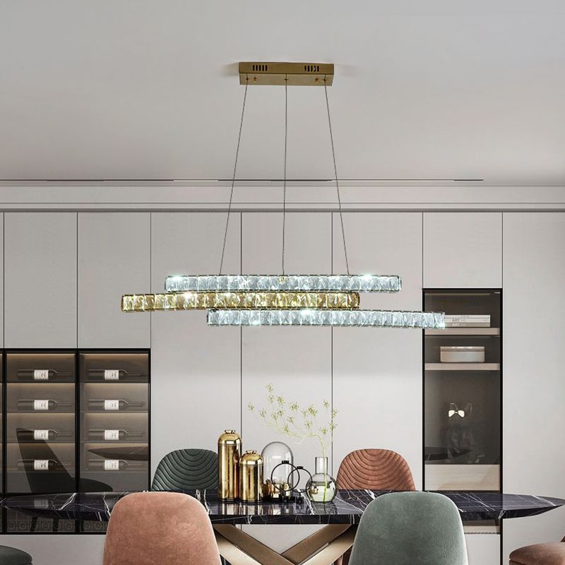 Crystal Encrusted Linear Island Light Fixture Minimalist LED Gold Suspension Pendant Light