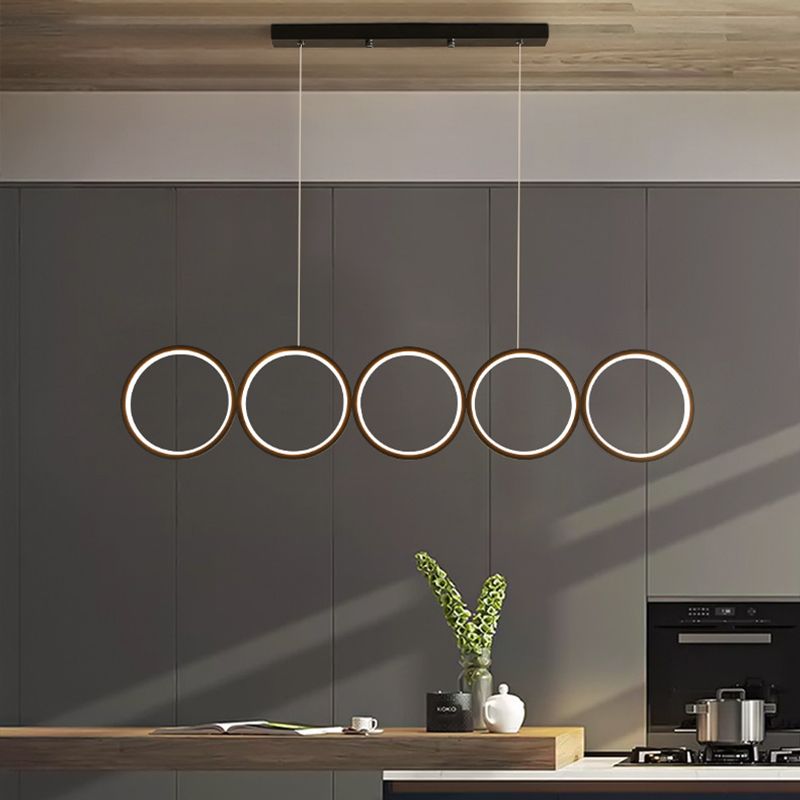 Black 5-Ring Hanging Island Light Simple Metal LED Ceiling Pendant over Table, Warm/White Light