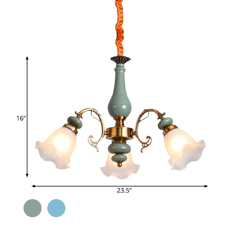 Lampadario a soffitto in vetro di fiori di fiori tradizionale 3/5 teste soggiorno luce a pendolo in azzurro/peltro