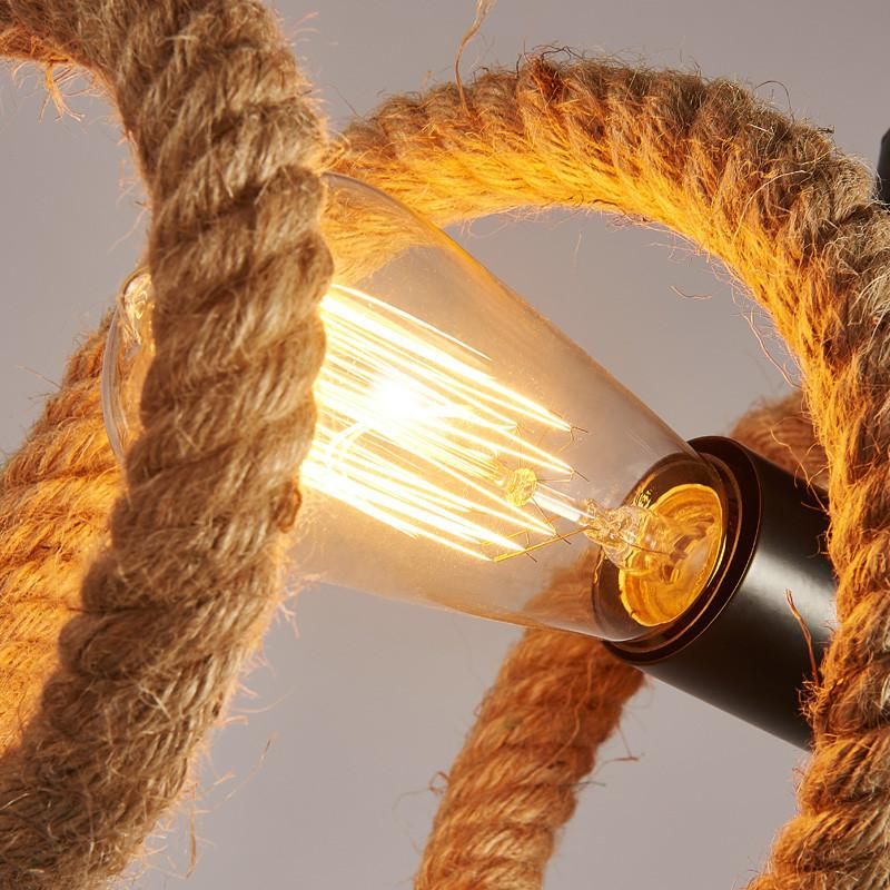 2-Light Swirl Semi Flush Mount Lighting with Open Bulb Industrial Black Metal and Hemp Rope Ceiling Light Fixture