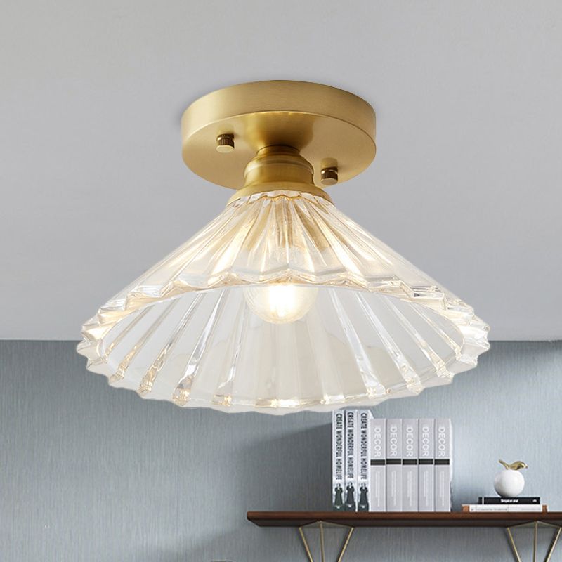 Single Bulb Semi Flush Mount Industrial Cone Clear Textured Glass Ceiling Light in Brass for Living Room