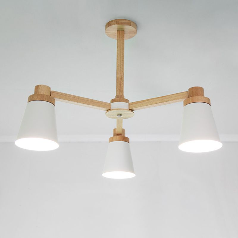 Conical Suspension Light Fixture Nordic Iron Chandelier Lighting with Wooden Arm for Living Room