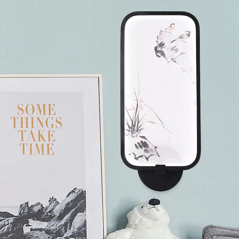 Acrylic Rectangle Wall Mural Light Chinese Style LED Black Wall Mounted Lamp with Bird Pattern