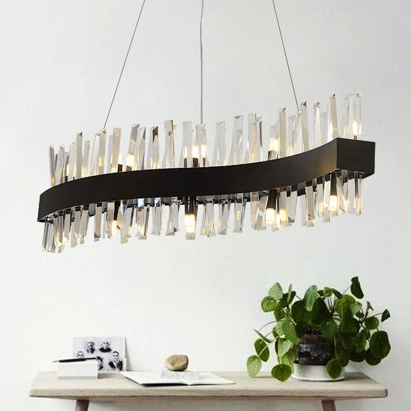 Traditional Wave Chandelier Lighting Fixture Crystal Block LED Pendant Ceiling Light in Black