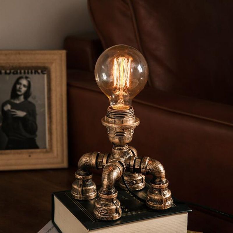 Bronze Single-Bulb Table Light Warehouse Style Iron 3-Leg/4-Leg/Sitting Robot Nightstand Lamp with/without Cage Guard