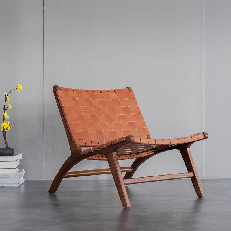 Woven Back Lounge Chair Basic Four Leg Solid Wood Chair for Living Room
