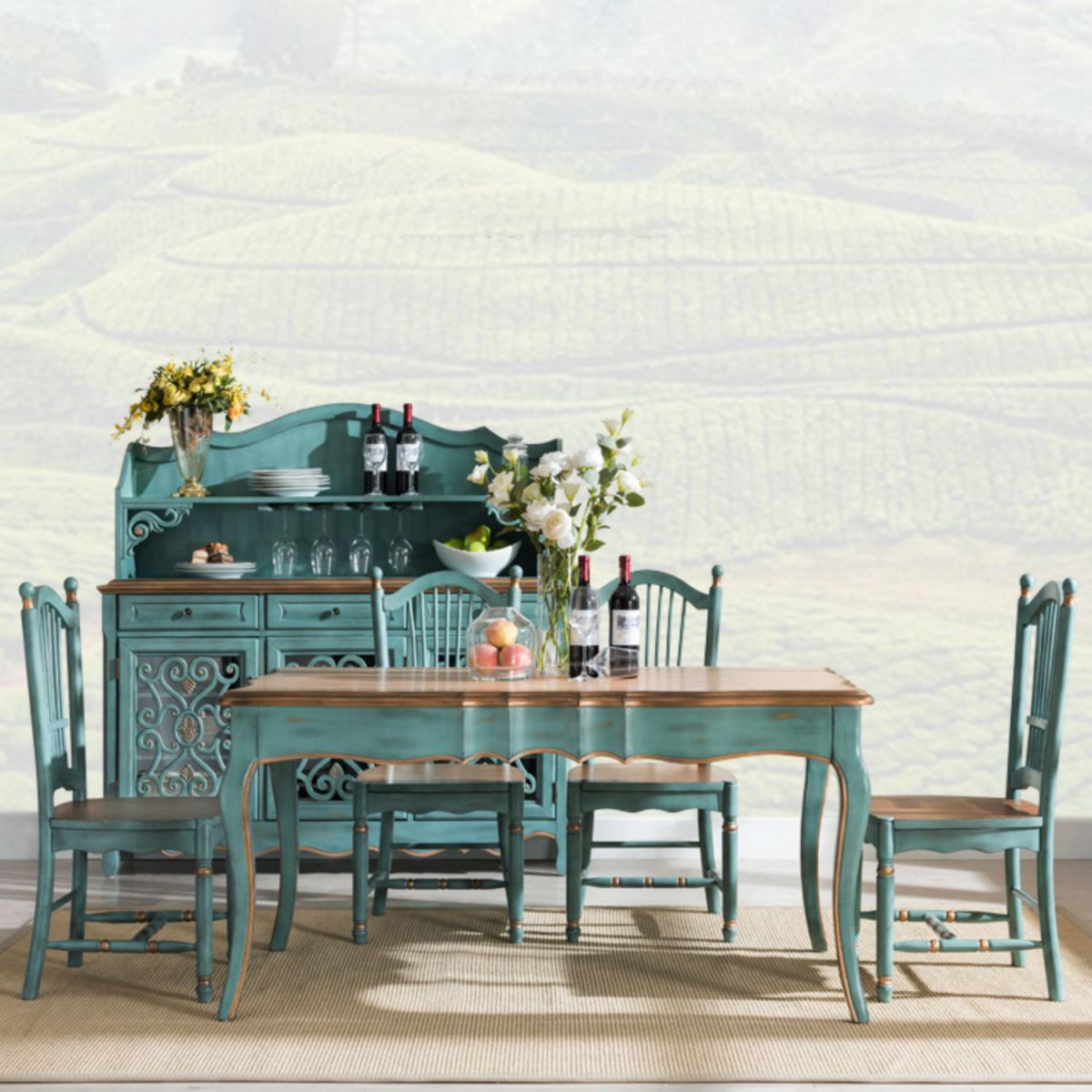 Traditional Wooden Dining Room Set Standard Height with Rectangle Top and Blue Base Dining Furniture