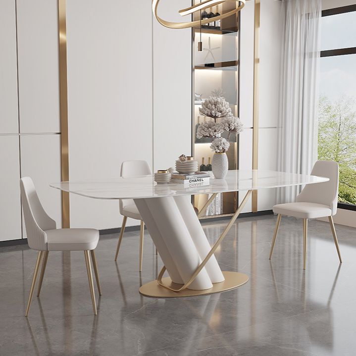 Contemporary Style Sintered Stone Dining Table with White Fixed Table and Trestle Base