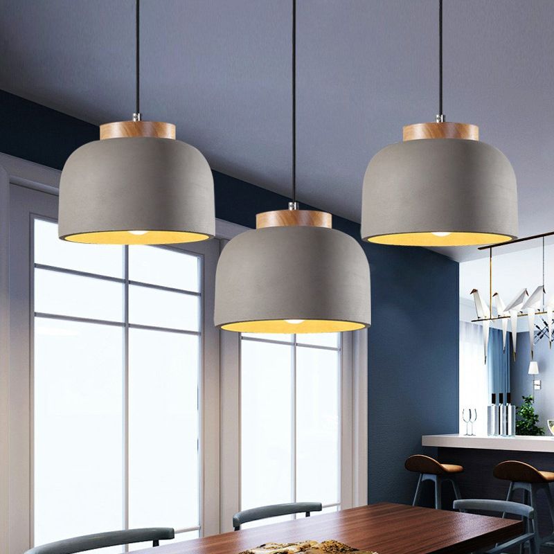 Grey 1 Light Hanging Light Industrial Cement Bowl Ceiling Pendant Lamp with Wood Cap