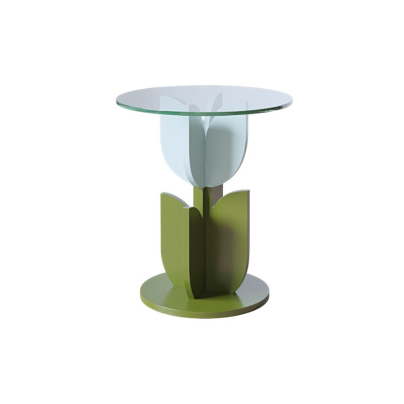 Scandinavian Wood/Glass Top End Table Dia 15.75" Tulip Shape Side Table in Green