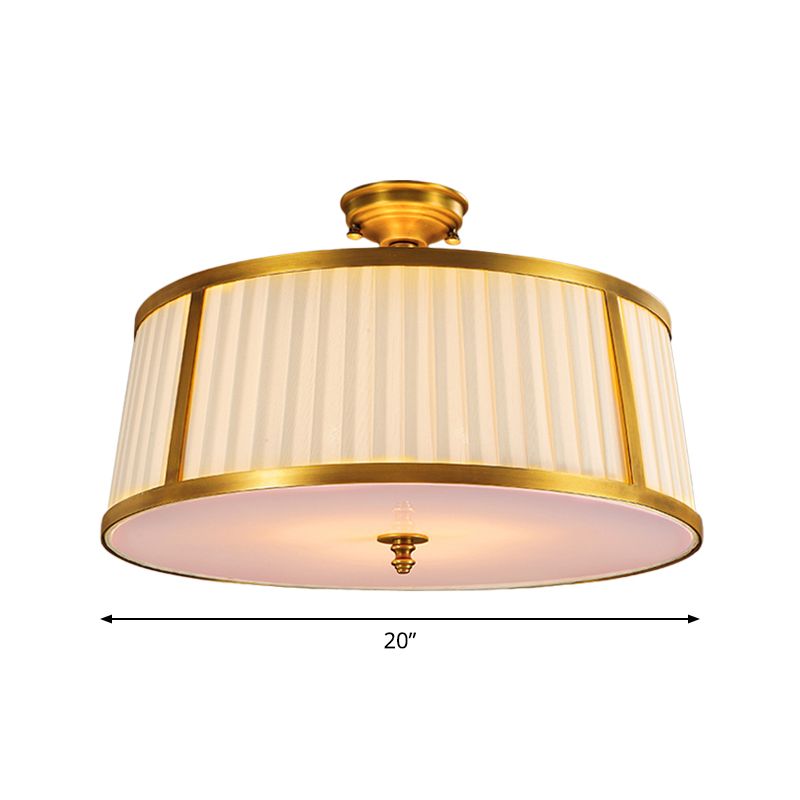 4 Lights Ceiling Light Flush Mount Vintage Drum Fabric Flush Mount Light in Polished Brass