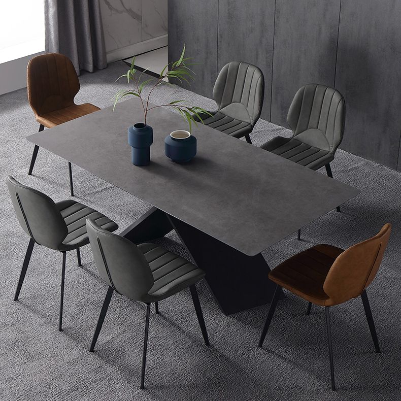 Black Frame Pedestal Casual Dining Table Modern Rectangle Dining Table with Stone Top
