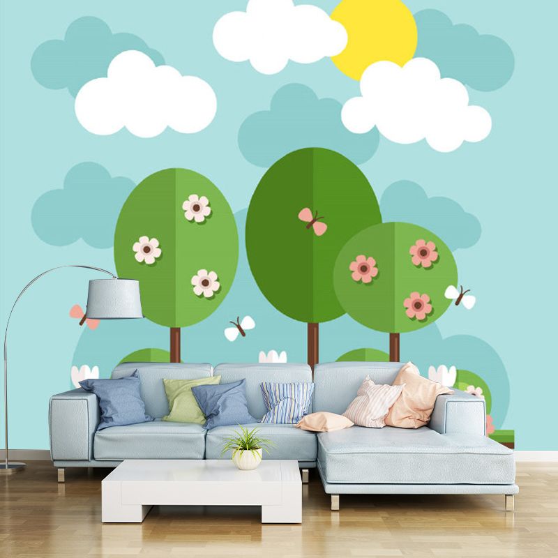 Cartoon Flowering Tree Wallpaper Murals Blue-Yellow-Green Nursery Wall Decor, Custom Size