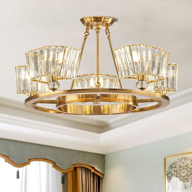 5 Bulbs Ceiling Fixture with Ring Design Contemporary Cubic Clear Glass Shade Semi Flush in Gold