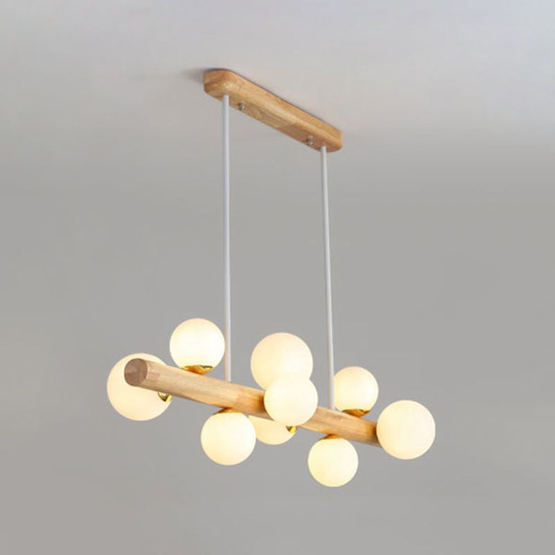 Luces colgantes de restaurantes de múltiples cabezas de madera moderna con sombra de vidrio de globo