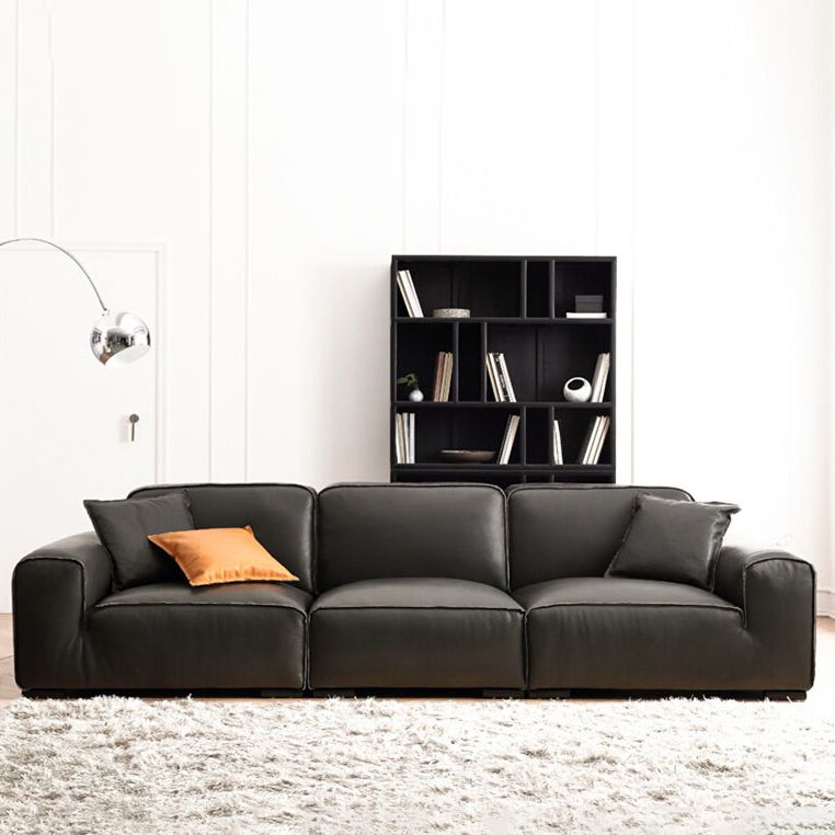 Contemporary Black Genuine Leather Square Arm Sofa with Pillows