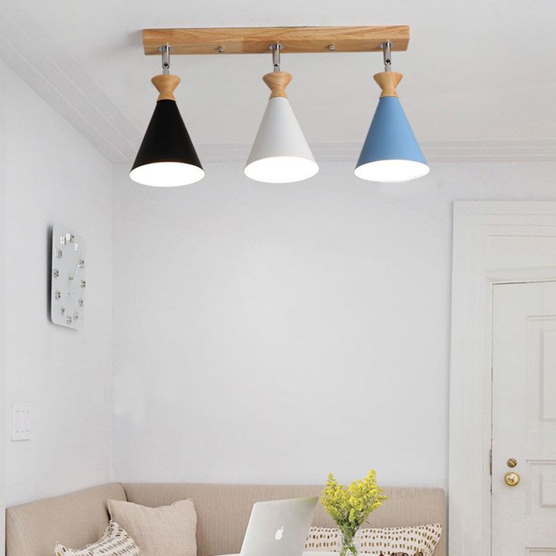 Lámpara de techo de 3 luces de hierro de estilo creativo moderno con montaje semi empotrado de cono de madera para comedor
