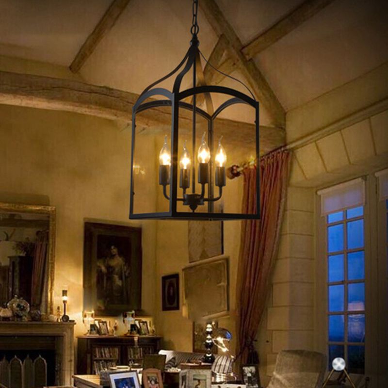 Luz colgante negra de 4 luces en lámpara colgante de hierro forjado de estilo clásico industrial con sombra de vidrio