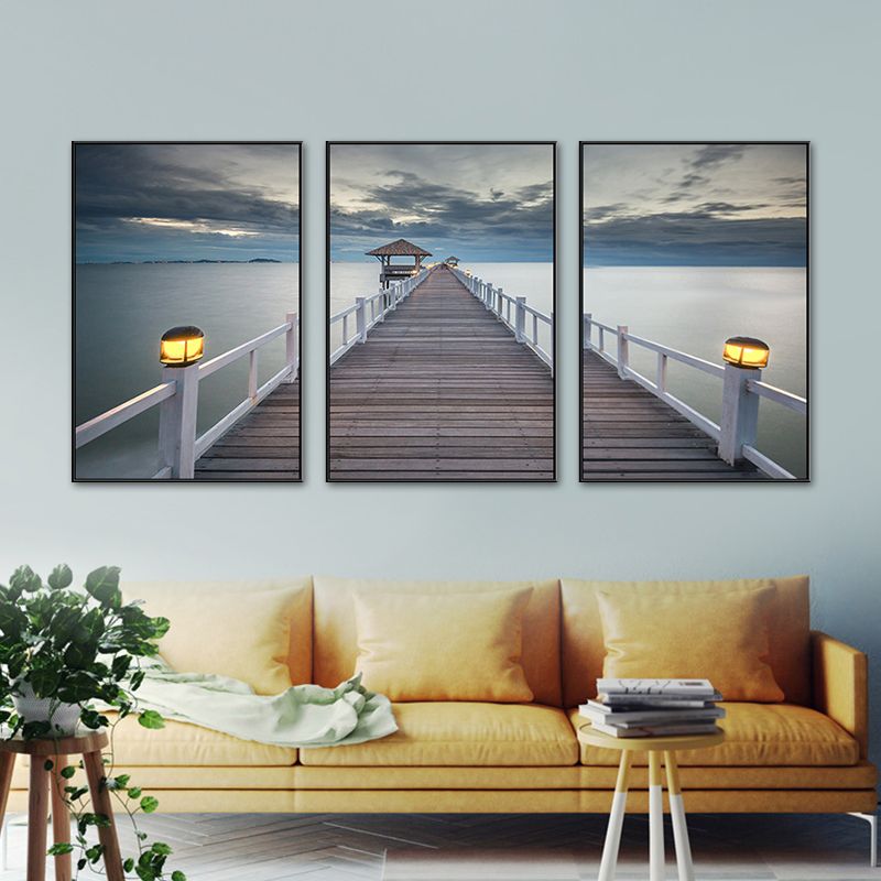 Seaside Bridge Scene Art Print Modern Canvas Multi-Piece Painting in Soft Color, Set of Three