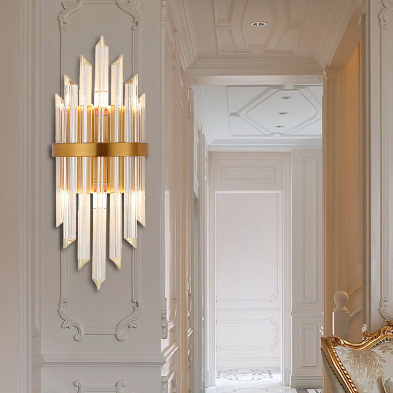 Clear Crystal Prism Wall Sconce Lamp Modernist Style 2 Lights Brass Finish Wall Lighting for Corridor