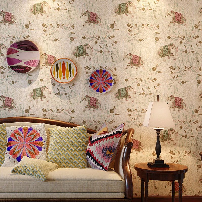 Cute Elephant Wall Covering for Accent Wall Leaves Wallpaper in Pastel Brown, Stain-Resistant