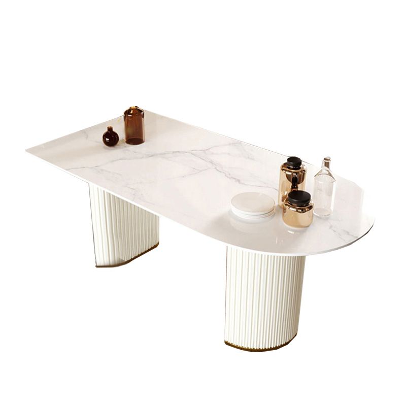 Free Form Stone Dining Table Iron Double Pedestal Table in White