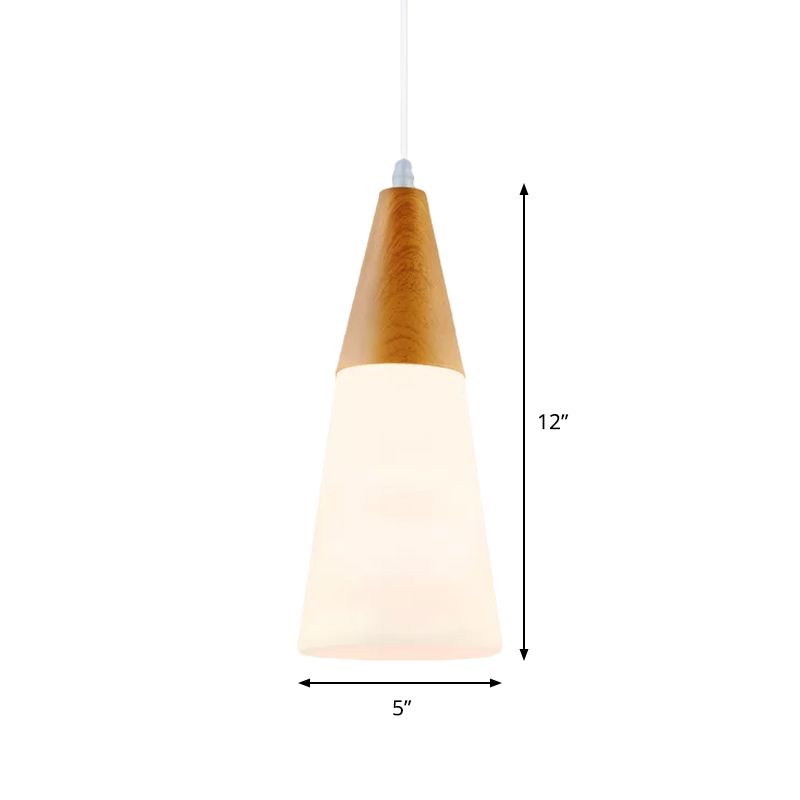 White Glass Cone Hanging Light Modern 1 Light Pendant Light Fixture with Wood Cap