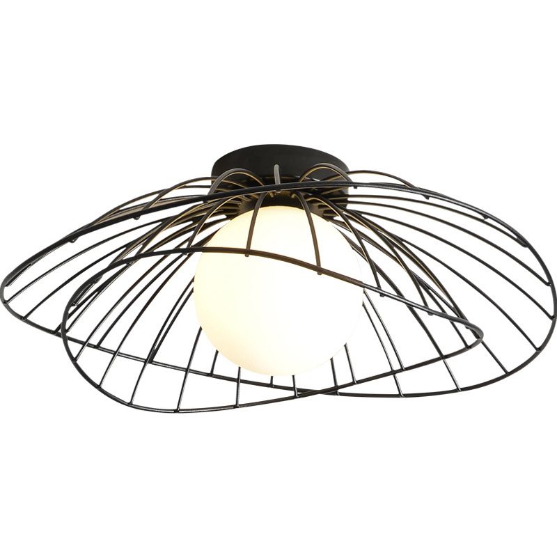 Iron Wire Saucer Shaped Flush Light Modern 1-Light Small Ceiling Mount Light with Ball White Glass Shade