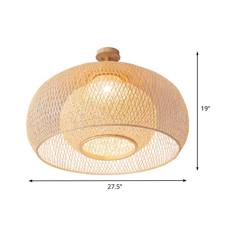 Japanese Hand Woven Semi-Flush Mount Bamboo 1 Head Close to Ceiling Lamp in Wood
