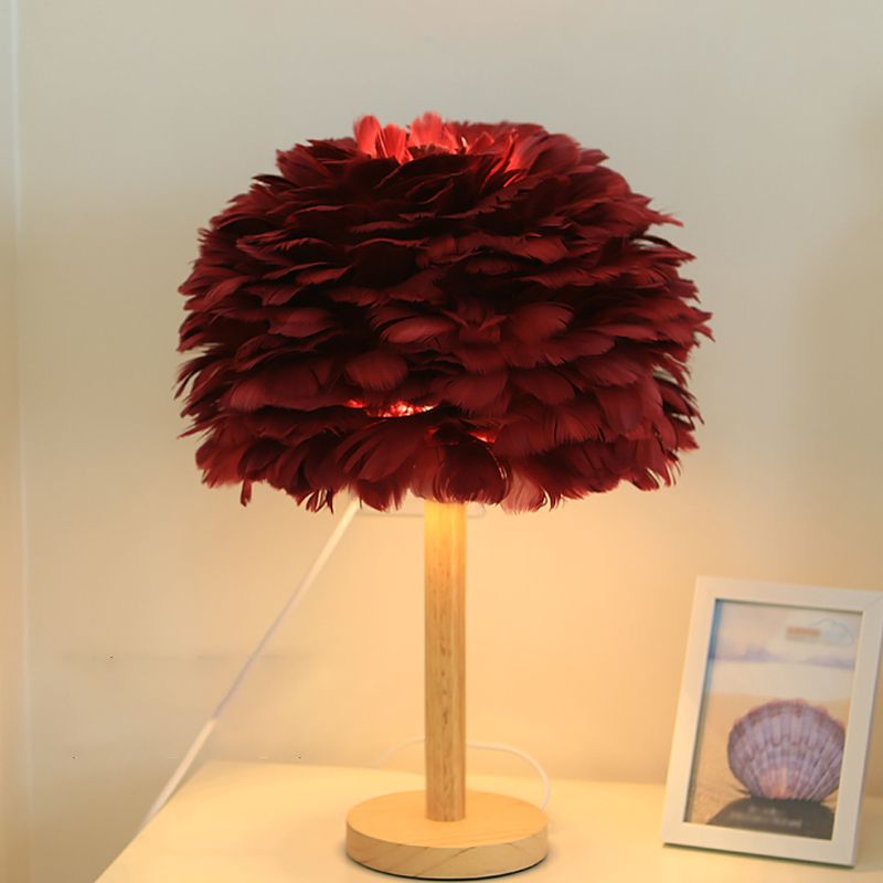 Feather Flower-Like Night Lamp Modern 1-Light Grey/Blue/Burgundy and Wood Table Light for Bedroom