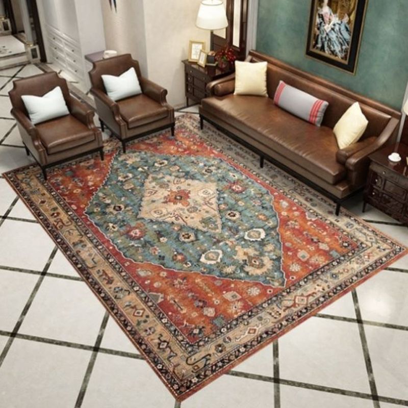 Roter Ton Vintage-Fläche Teppich Polyester Medaillon-Druck Teppich nicht rutschfestem Innenteppich für Wohnzimmer