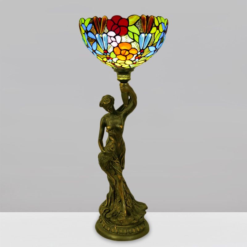 Bowl Table Lighting 1 Head Stained Glass Baroque Petal/Dragonfly Patterned Night Lamp in Brass with Resin Naked Woman Base