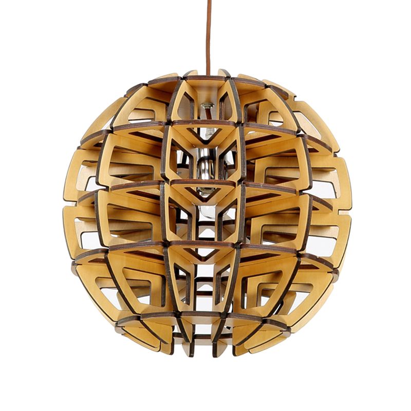 Hand-Worked Beehive Ball Hanging Light Asia Novelty Wood 1-Light Brown Pendant Ceiling Lamp