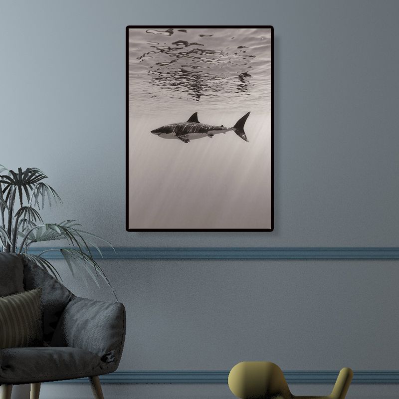 Grey Shark Wall Art Decor Underwater World Modern Textured Canvas Print for Dining Room