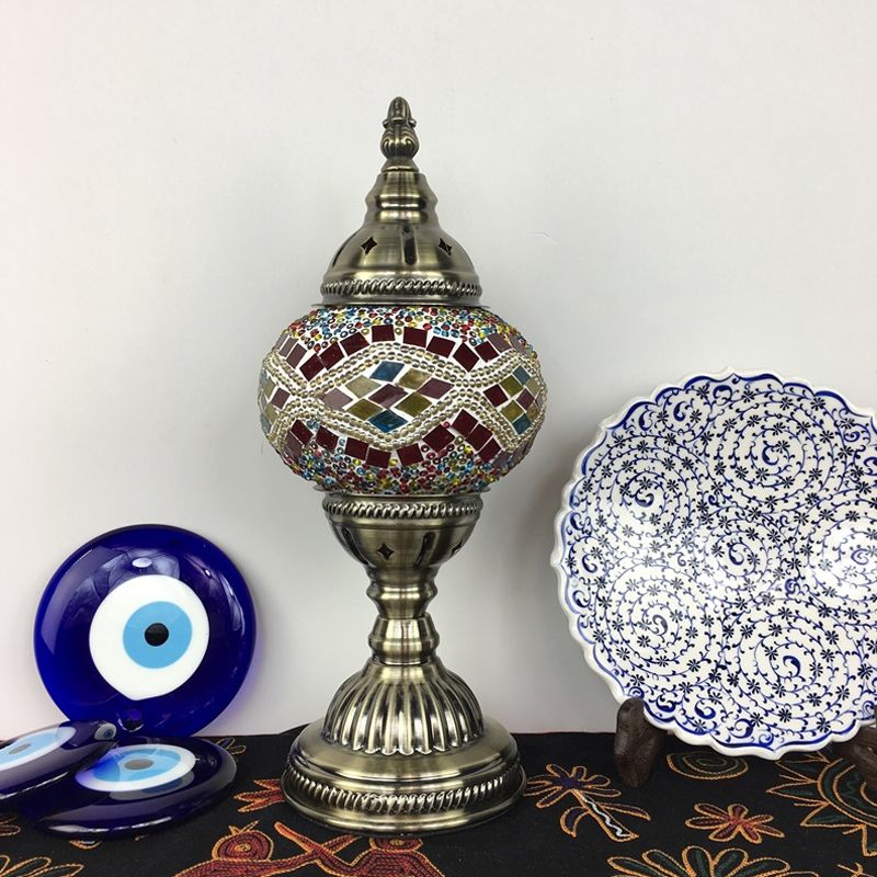 Single Night Stand Light Turkish Bedroom Table Lamp with Spherical Yellow/Red/Blue Glass Shade in Bronze