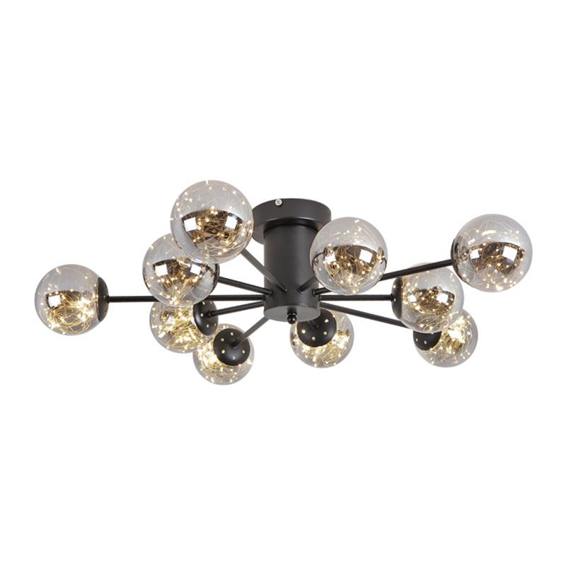 Radial Living Room Semi Flush Mount Smoke Grey Glass Contemporary Ceiling Light Fixture in Black