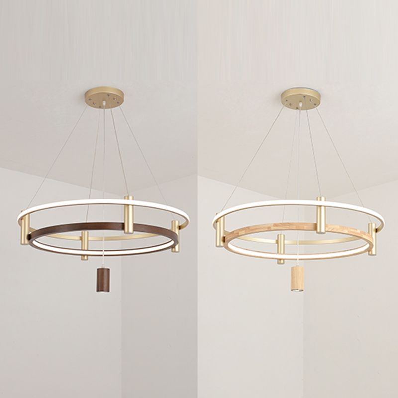 Natural Wood Circle Chandelier Simplicity LED Pendant Light with Spotlight